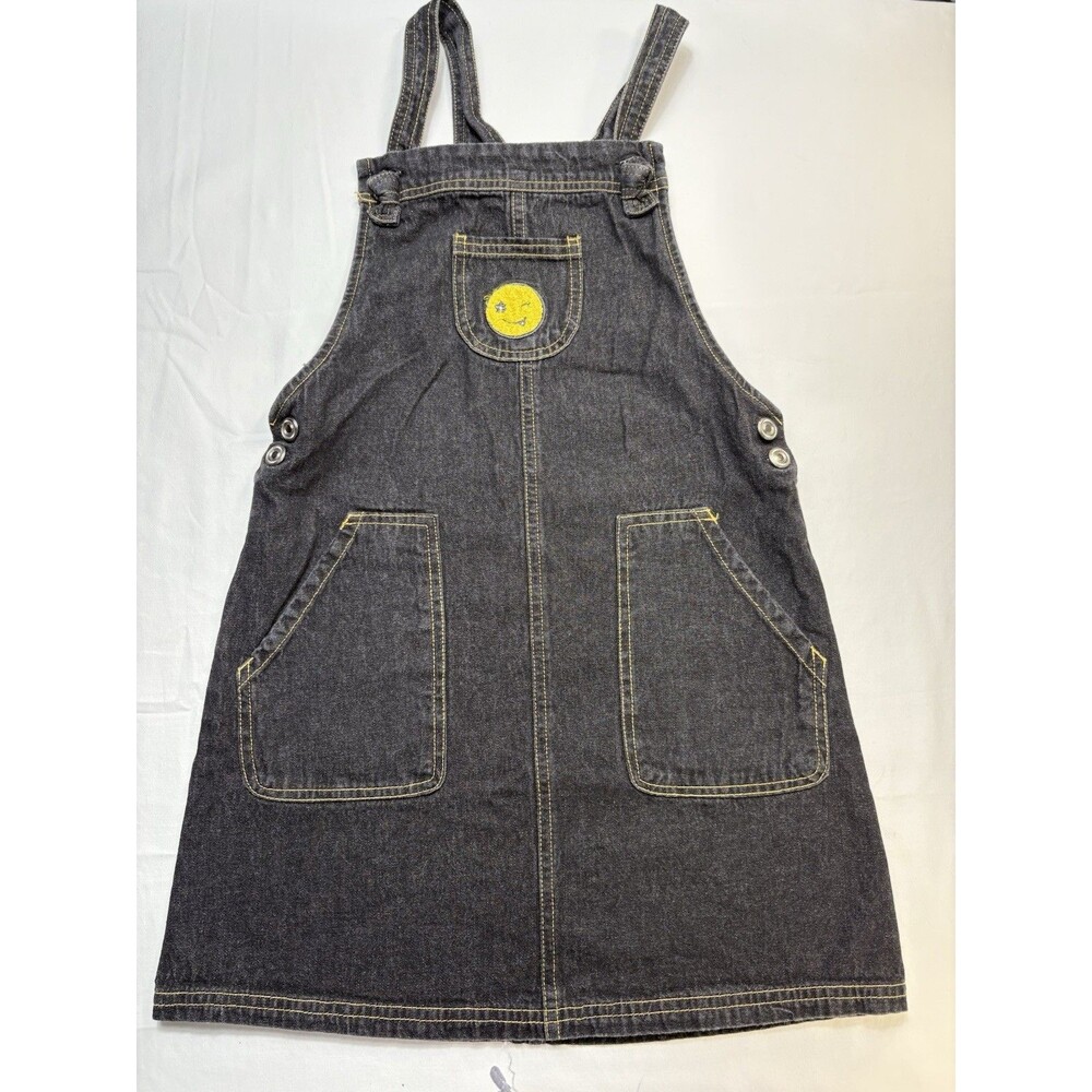 Isaac Mizrahi Girls Size 8 Black Denim Overall Dress Knee Length Pockets Smiley